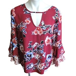Signature Studio Keyhole Bell Floral Sleeve Blouse Maroon Size XL
